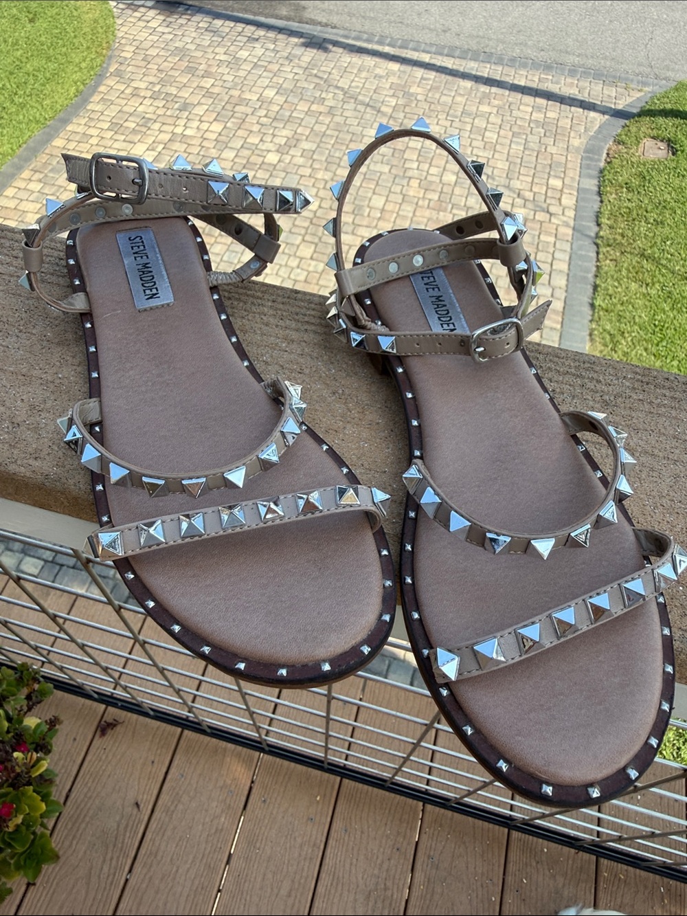 Steve Madden Taupe Pyramid Stud Ankle-Strap Sandals